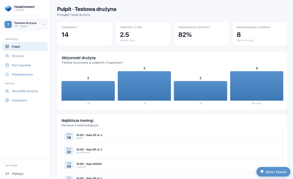 Panel trenera HoopConnect — pulpit drużyny